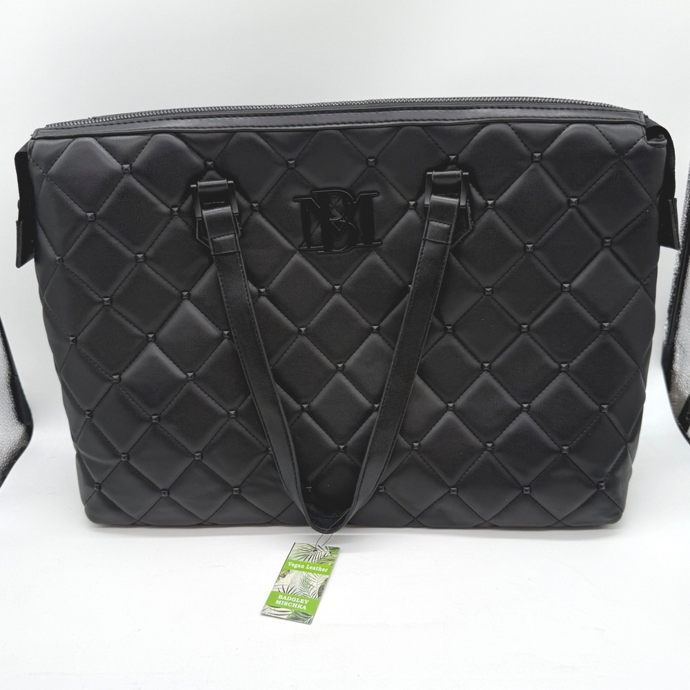 Badgley Mischka Black Quilted Studded‎ Vegan Leather Tote Bag NWT retail $199